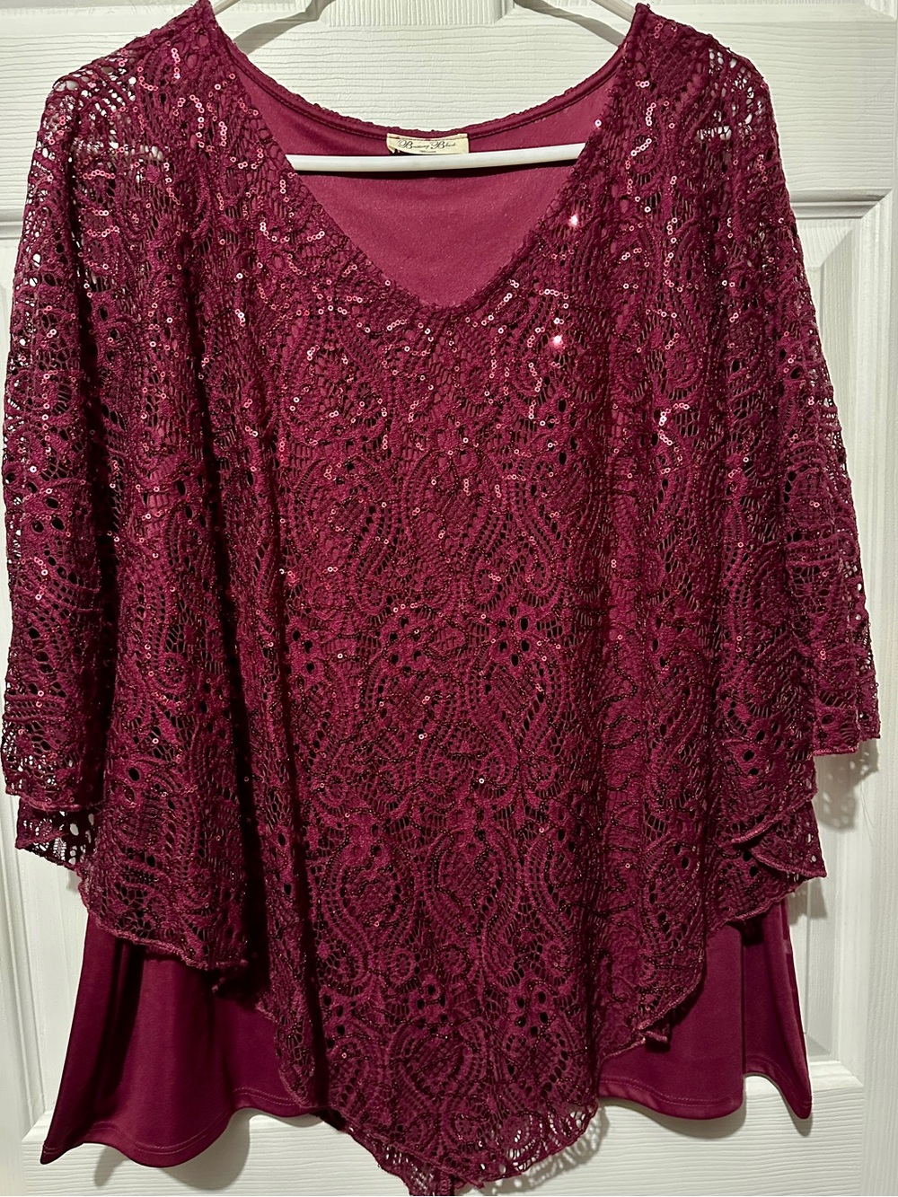 2X Sequin burgundy Lace blingy sparkly Overlay - VNeck Long Sleeve fancy blouse